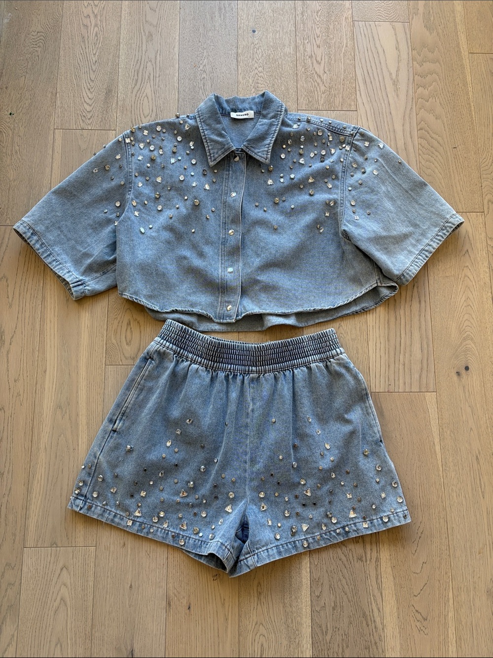 Sandro Light Blue Studded Denim Crop Top & Shorts